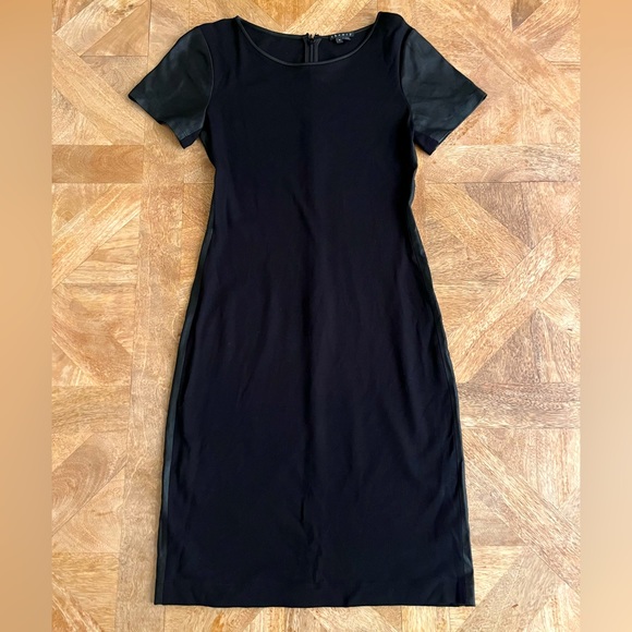 Theory Black Sheath Body Con Dress With Short Sleeves And Leather Details - Picture 1 of 9